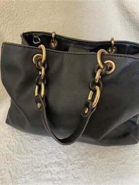 Classic Black Genuine Leather Tote with Gold Chain Accents